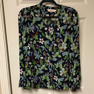 Tory Burch Navy Button-Down Blouse with Green & Blue Floral Print